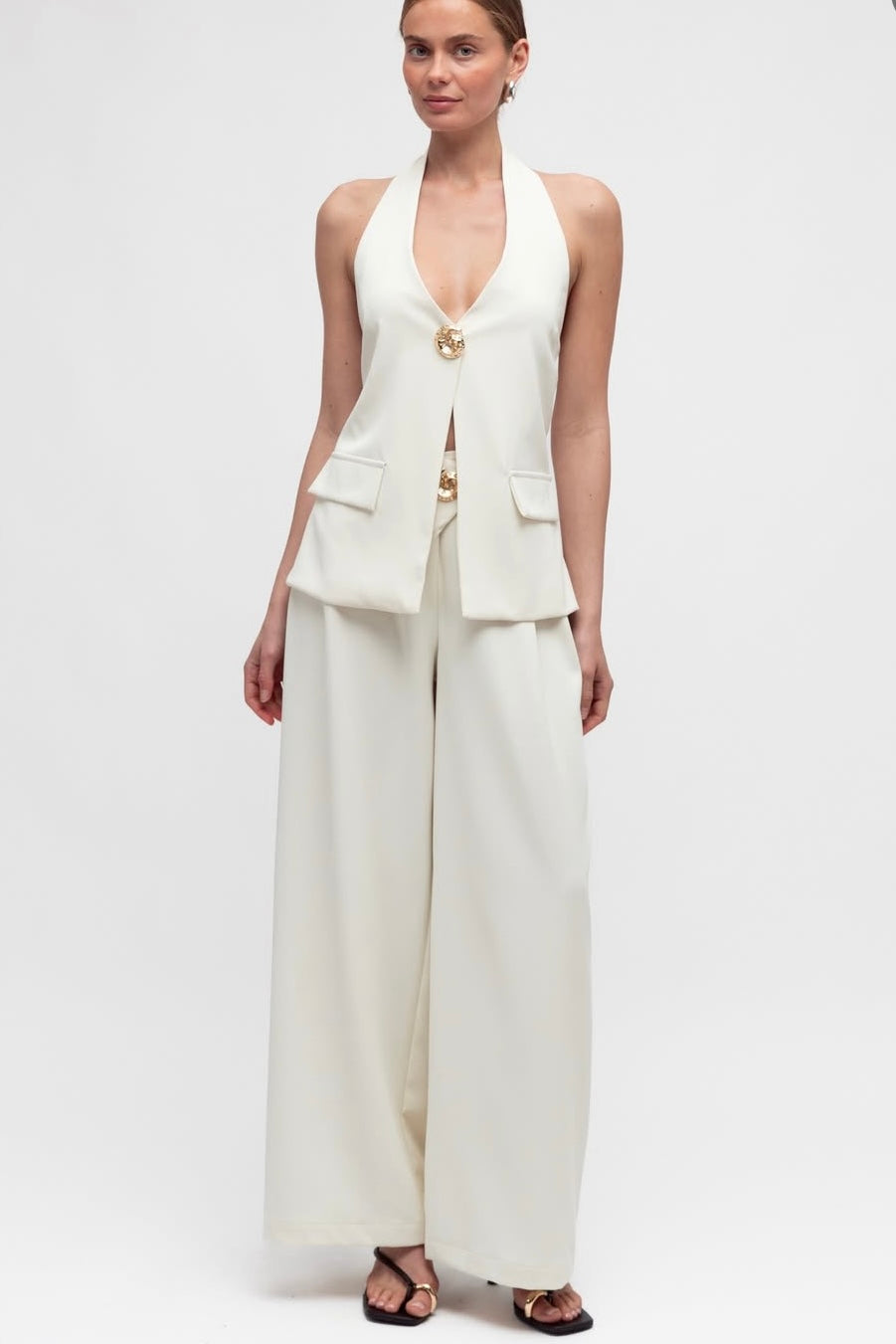 wide leg culotte pant with gold button detail