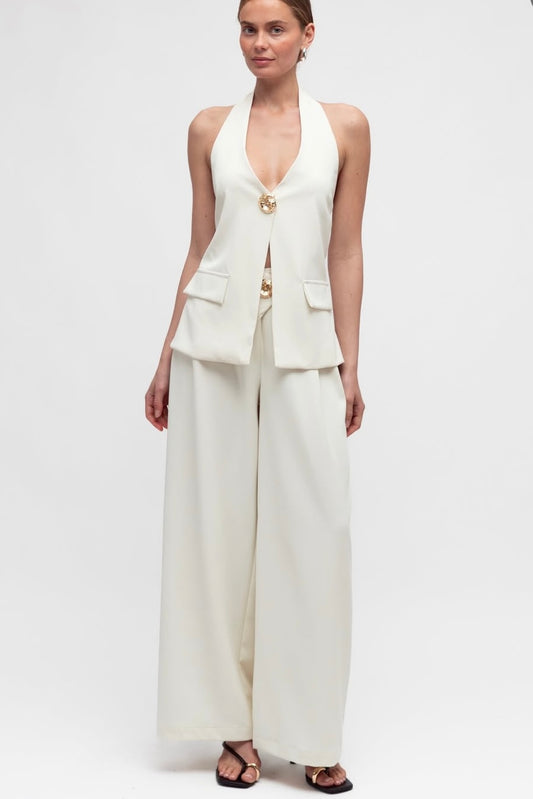 wide leg culotte pant with gold button detail