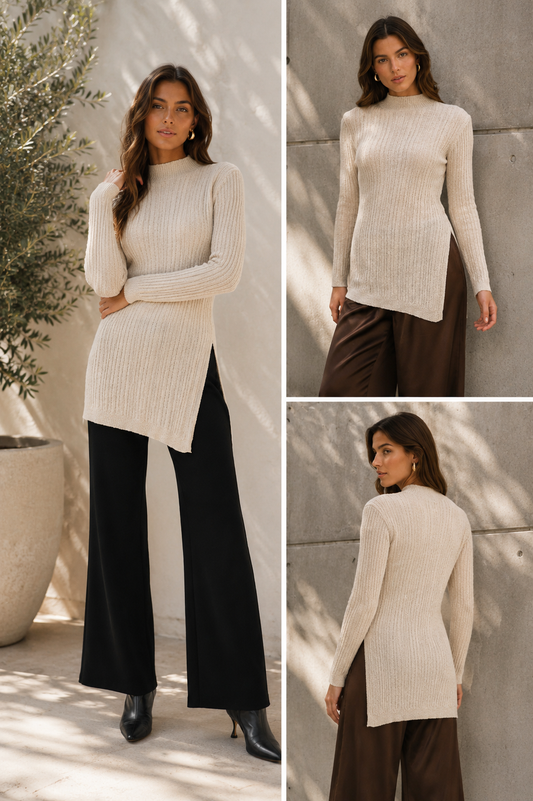 A three-panel collage showing a woman modeling a ribbed knit long-sleeve tunic sweater. The left panel shows her from the front wearing the cream sweater with black wide-leg pants; the top-right panel shows a front view from the side wearing the cream sweater with dark brown pants; the bottom-right panel shows the back view of the cream sweater.
