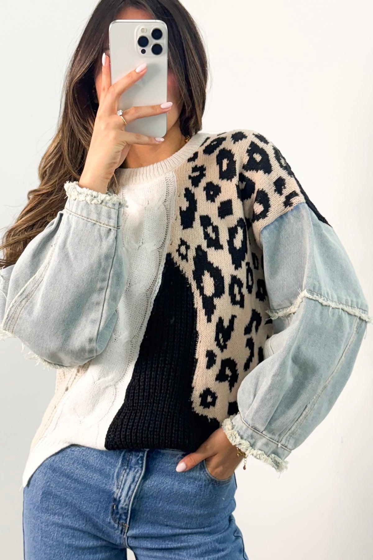 leopard print knit with denim sleeves