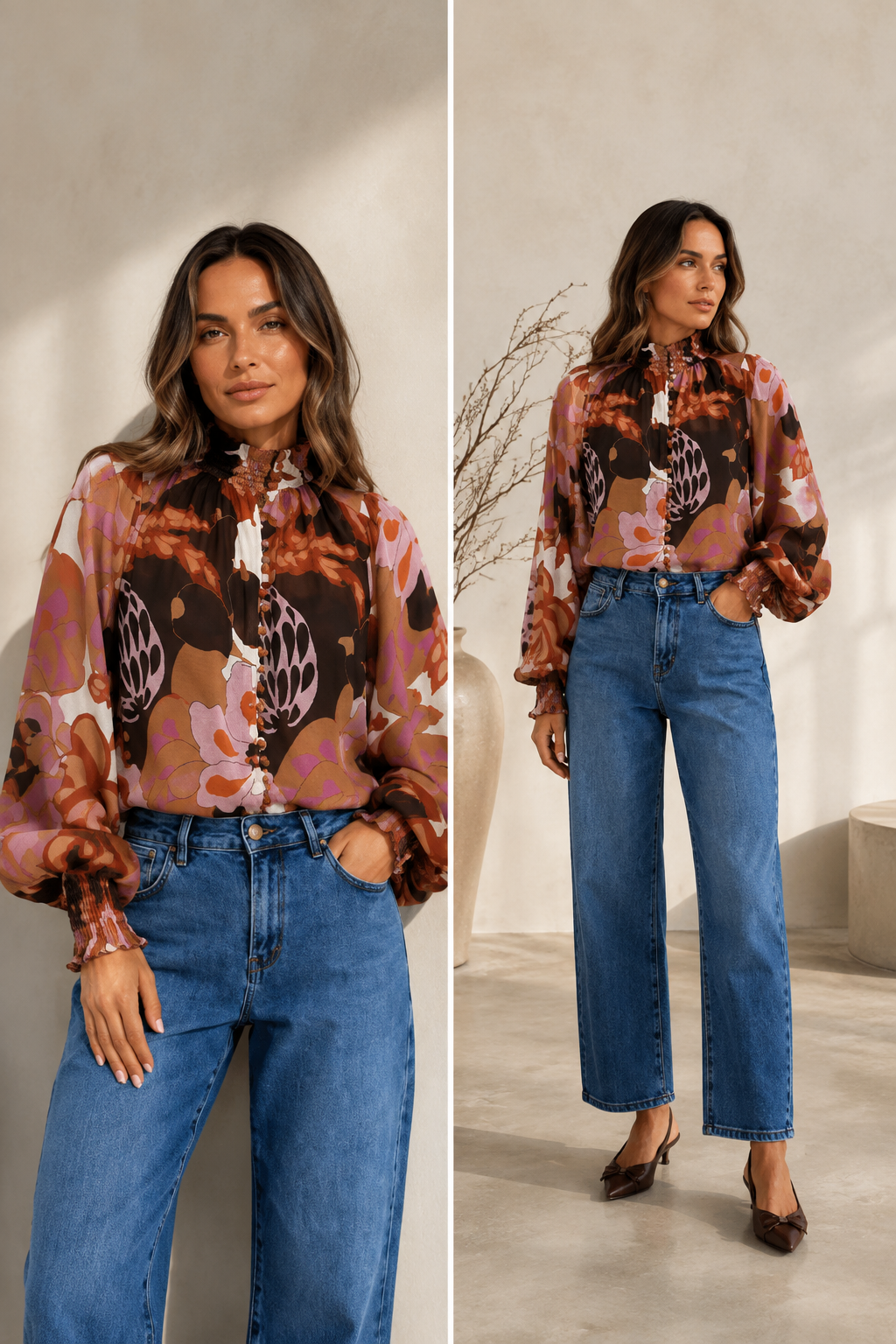 A woman modeling a sheer floral long-sleeve blouse with a high neck and front tie, paired with blue jeans, shown in a split-screen lifestyle photo against a warm beige interior background.
