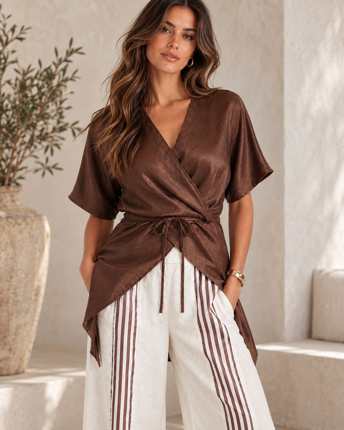 A woman models a brown satin-like short-sleeve wrap top with a tie waist, paired with white wide-leg pants featuring brown stripes, in a sunlit neutral interior setting.