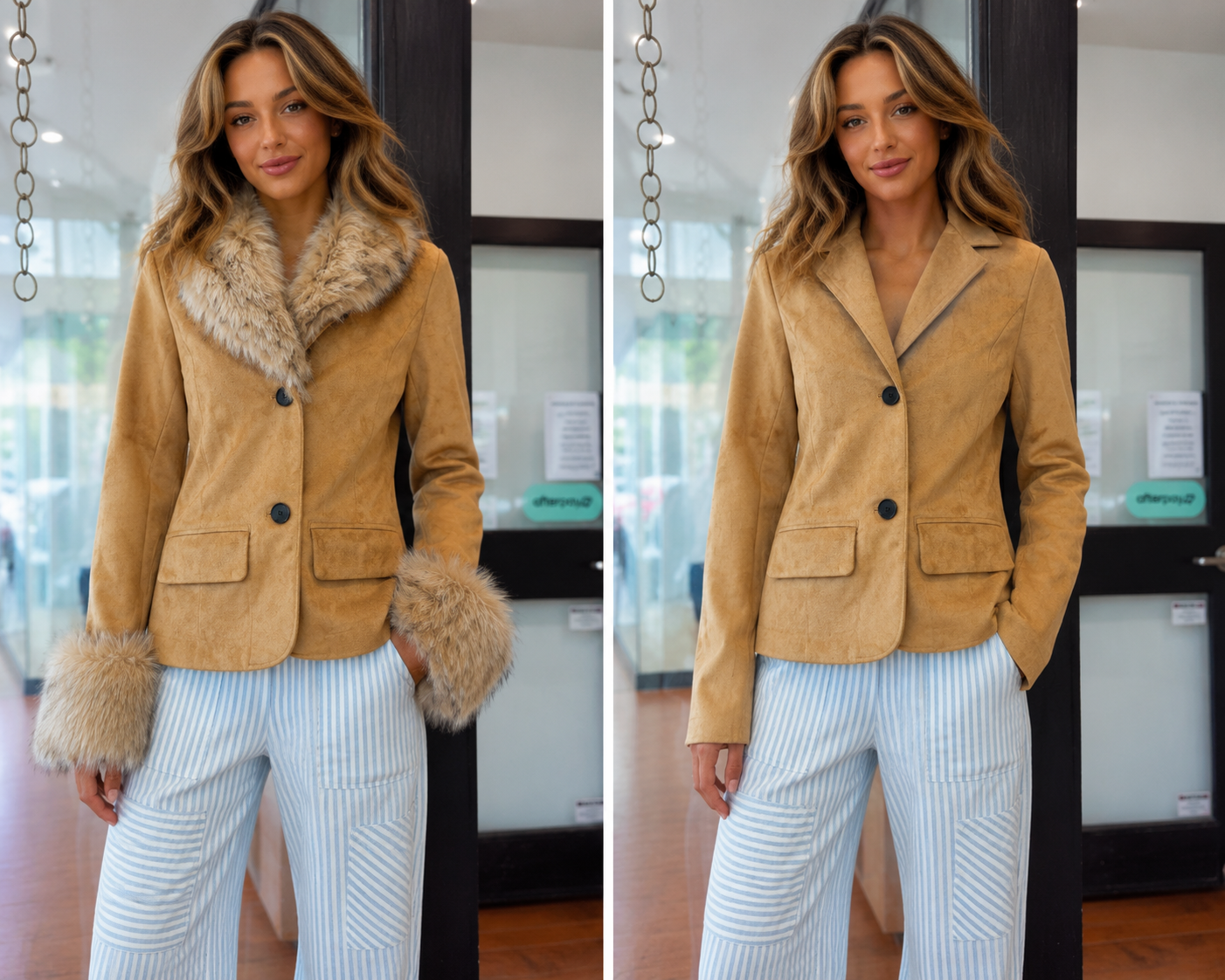 A woman modeling a tan suede-like blazer with a beige faux-fur collar and matching faux-fur cuffs, paired with light blue and white vertically striped pants. The image is a side-by-side comparison showing the front and back views of the blazer.
