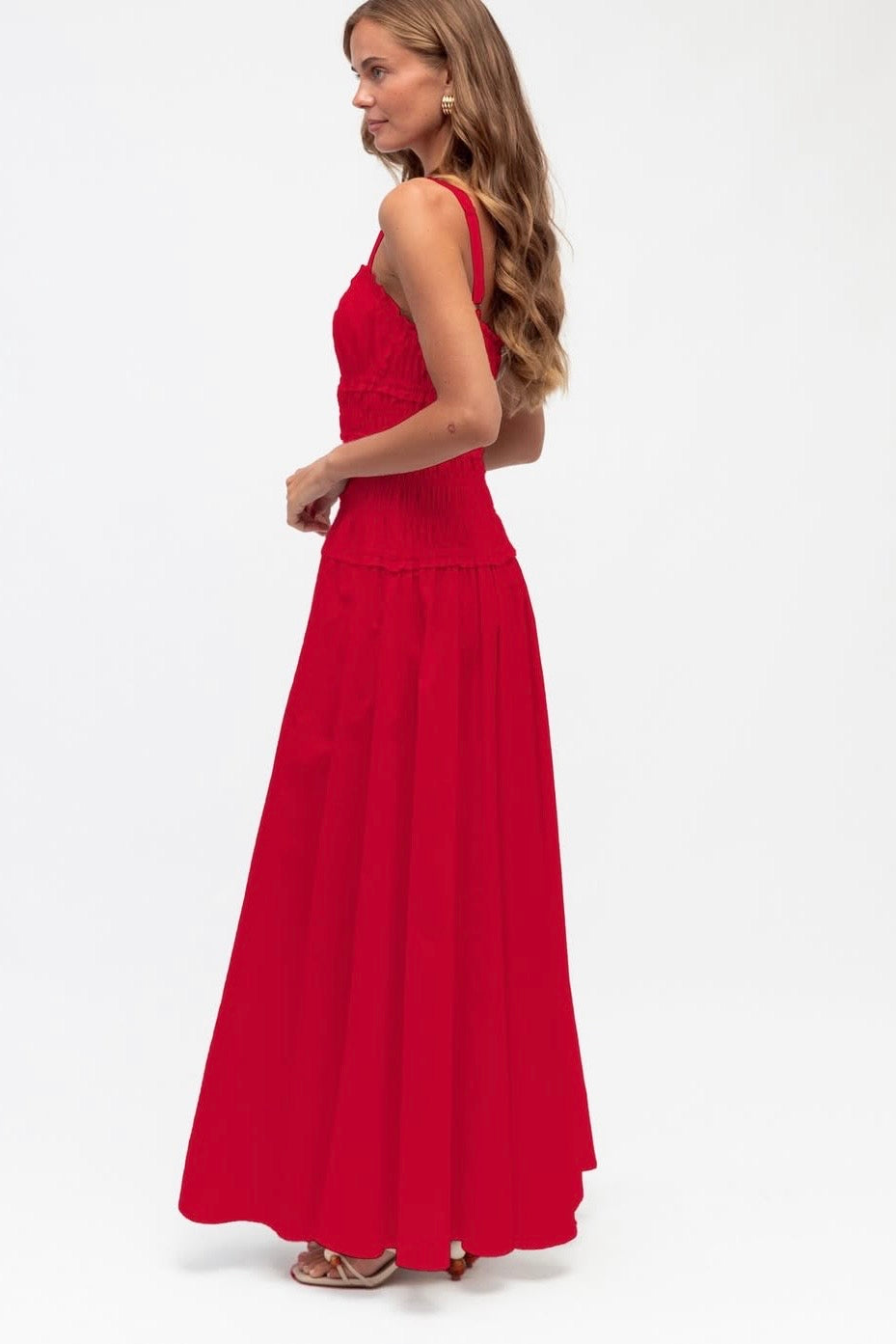 SHIRRED MAXI DRESS- Red & Brown