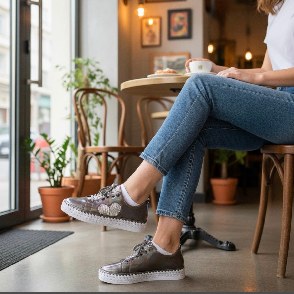 A person sitting in a cafe wearing metallic silver lace-up sneakers with white soles and a white heart detail on the side, paired with blue jeans.