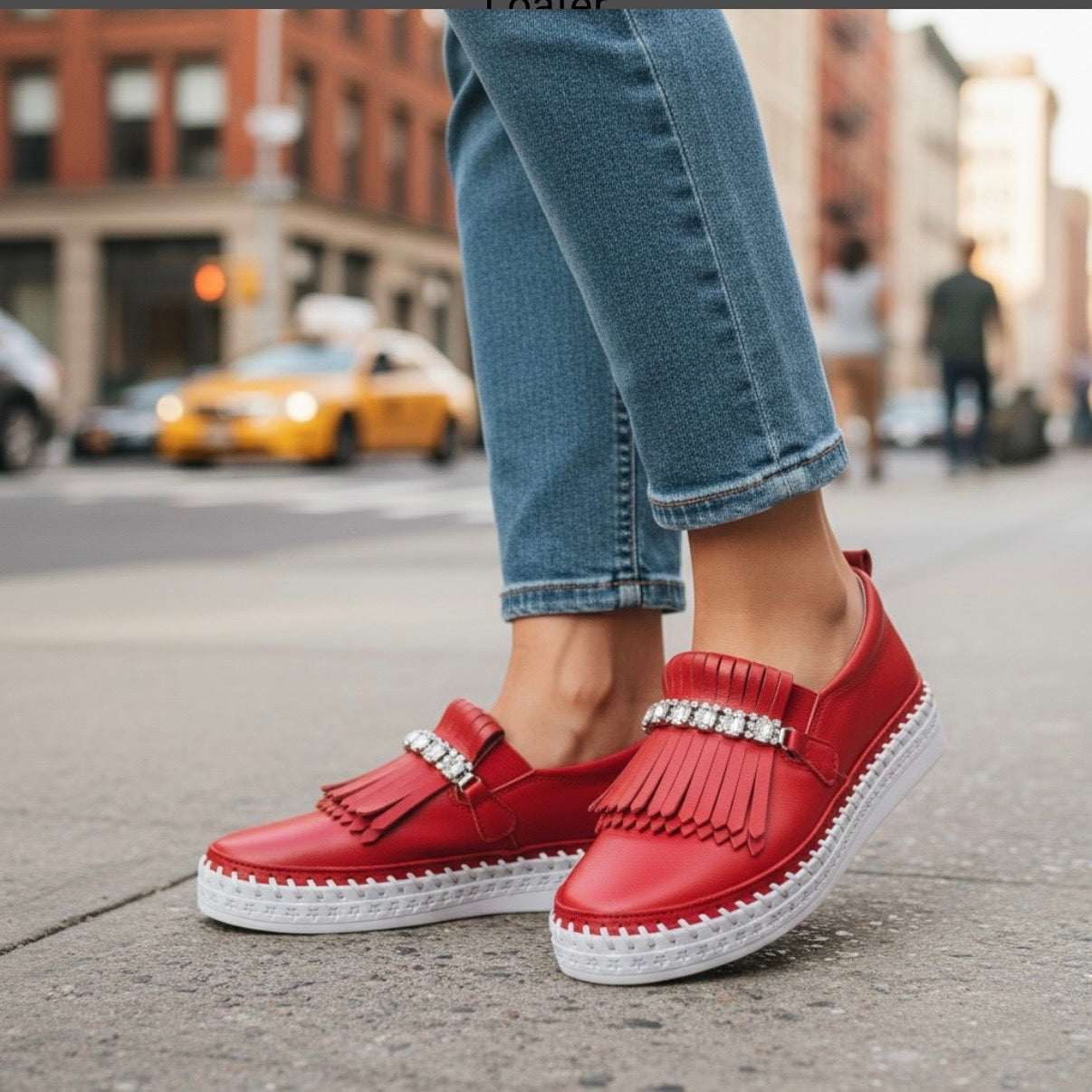 Red leather slip-on shoes with fringe tassels and a rhinestone-embellished strap, worn with blue jeans on a city street.