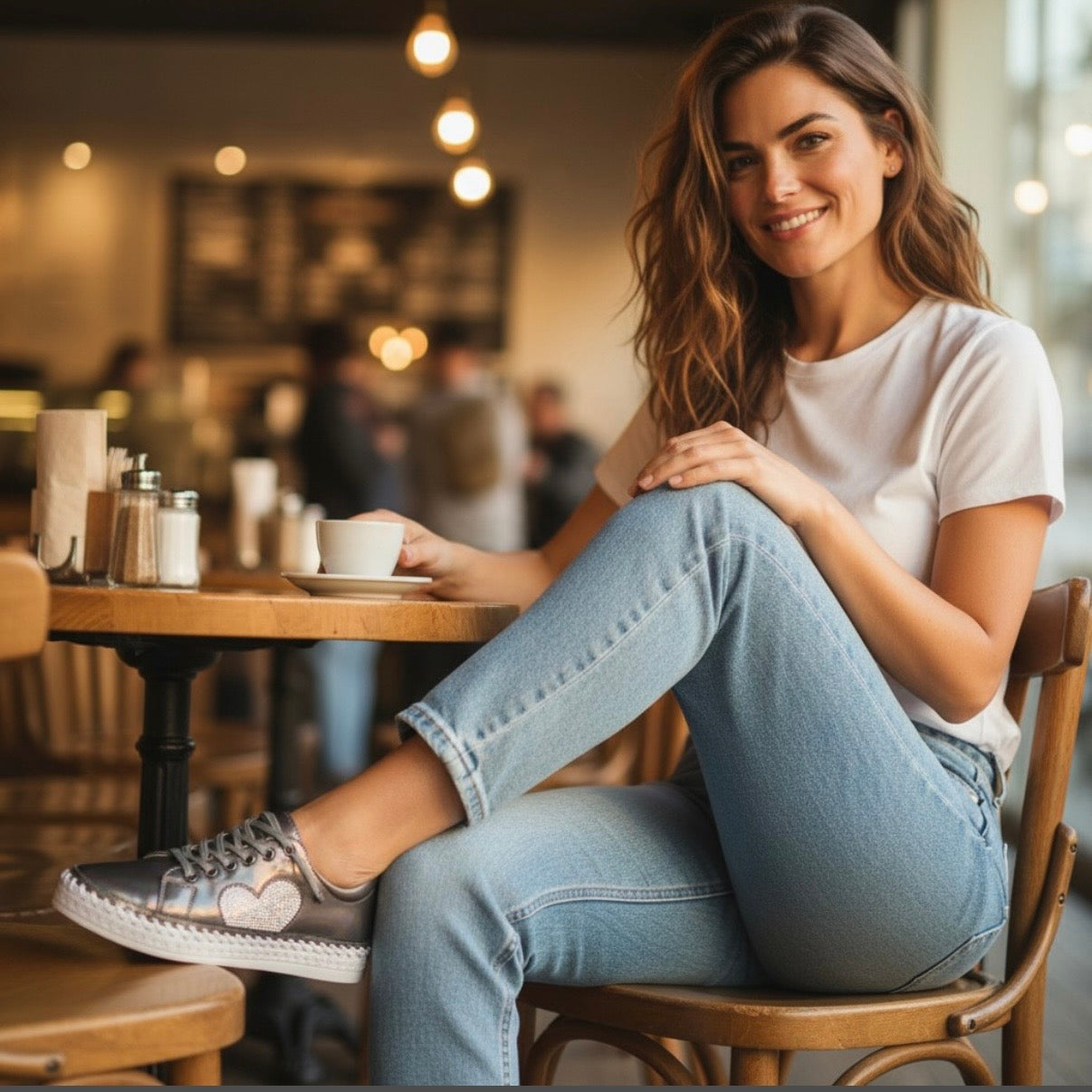 A woman sitting in a wooden chair at a cafe table, wearing a white t-shirt, light blue jeans, and gray sneakers with a heart patch.