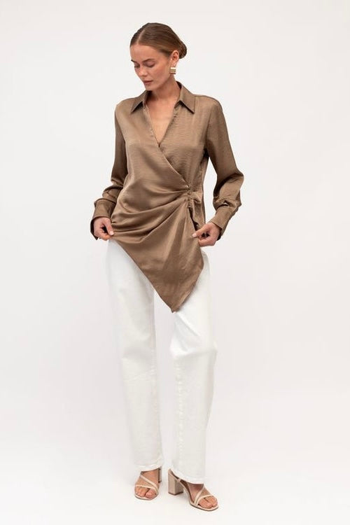 REGINA WRAP TOP- Mushroom & Black