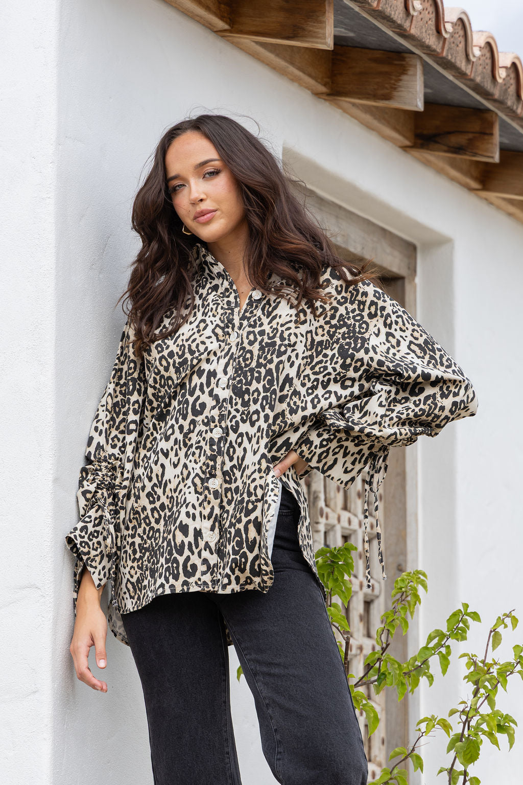 leopard print oversized shirt jacket with balloon sleeve