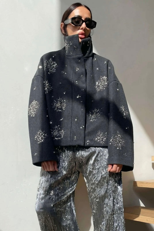 beaded crop funnel neck coat