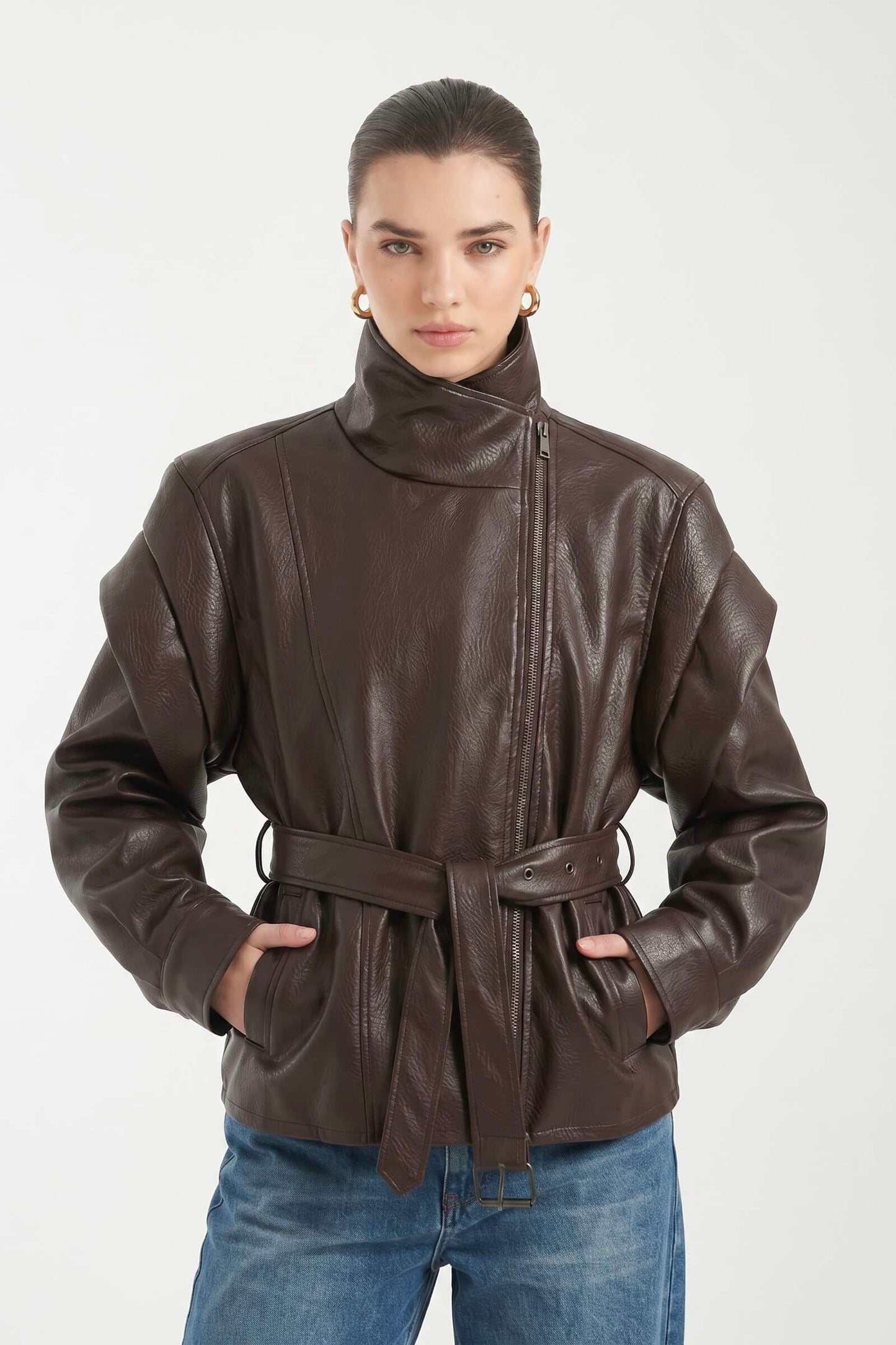 faux leather funnel neck jacket