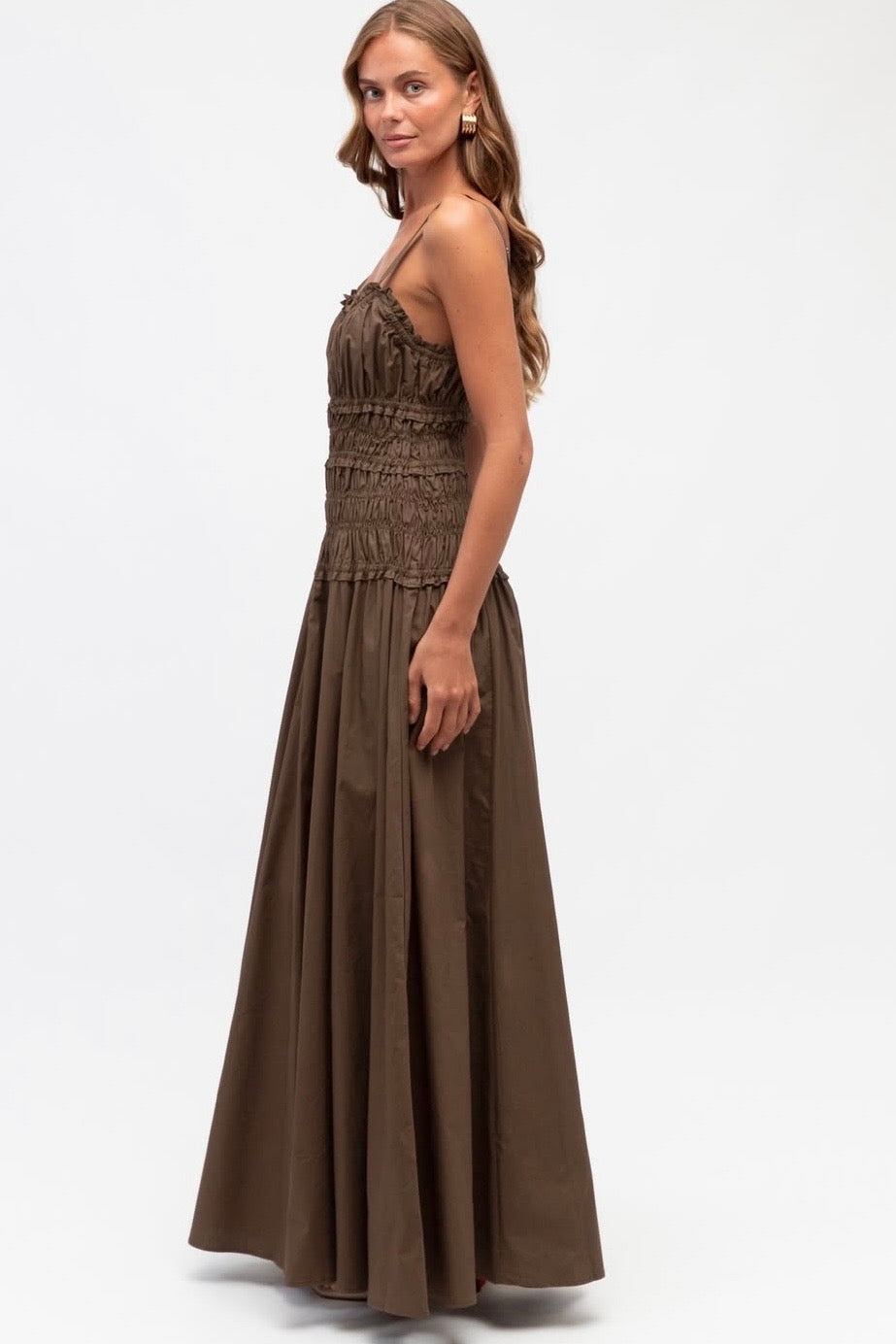 SHIRRED MAXI DRESS- Red & Brown