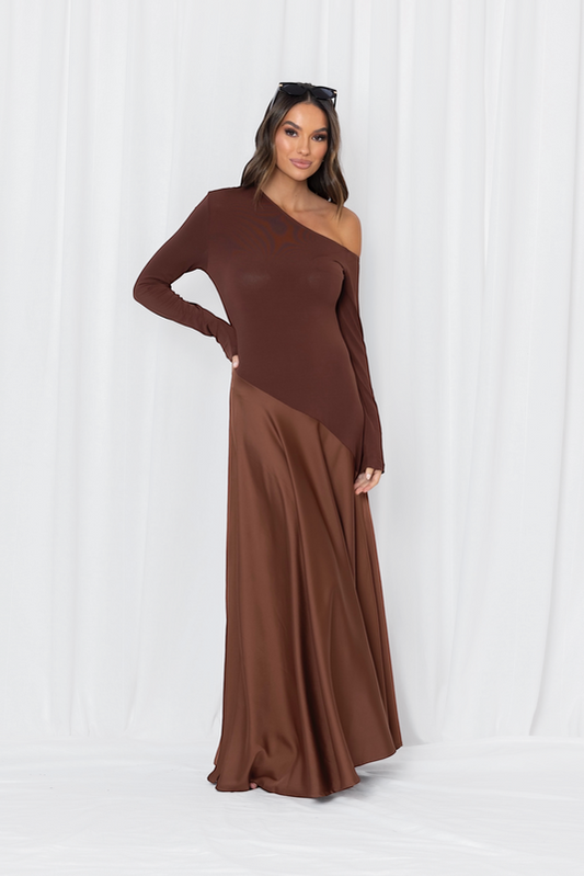 asymmetrical stretch bodice with satin maxi skrt 