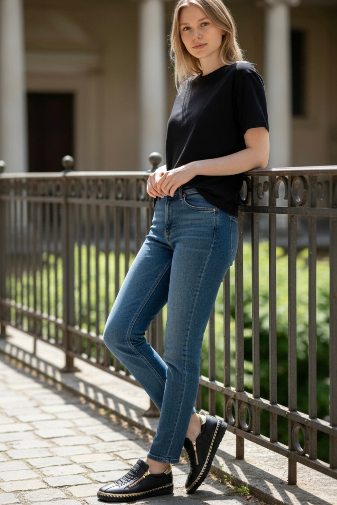 A woman stands outdoors leaning against a metal railing, wearing a black short-sleeve crewneck t-shirt, blue skinny jeans, and black slip-on loafers with gold trim.