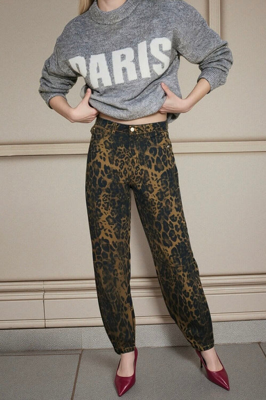 Person wearing a gray 'PARIS' sweater and leopard print pants with red shoes.