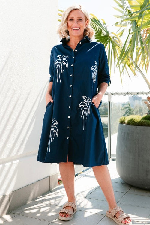 cotton embroidered palm tree shirt dress