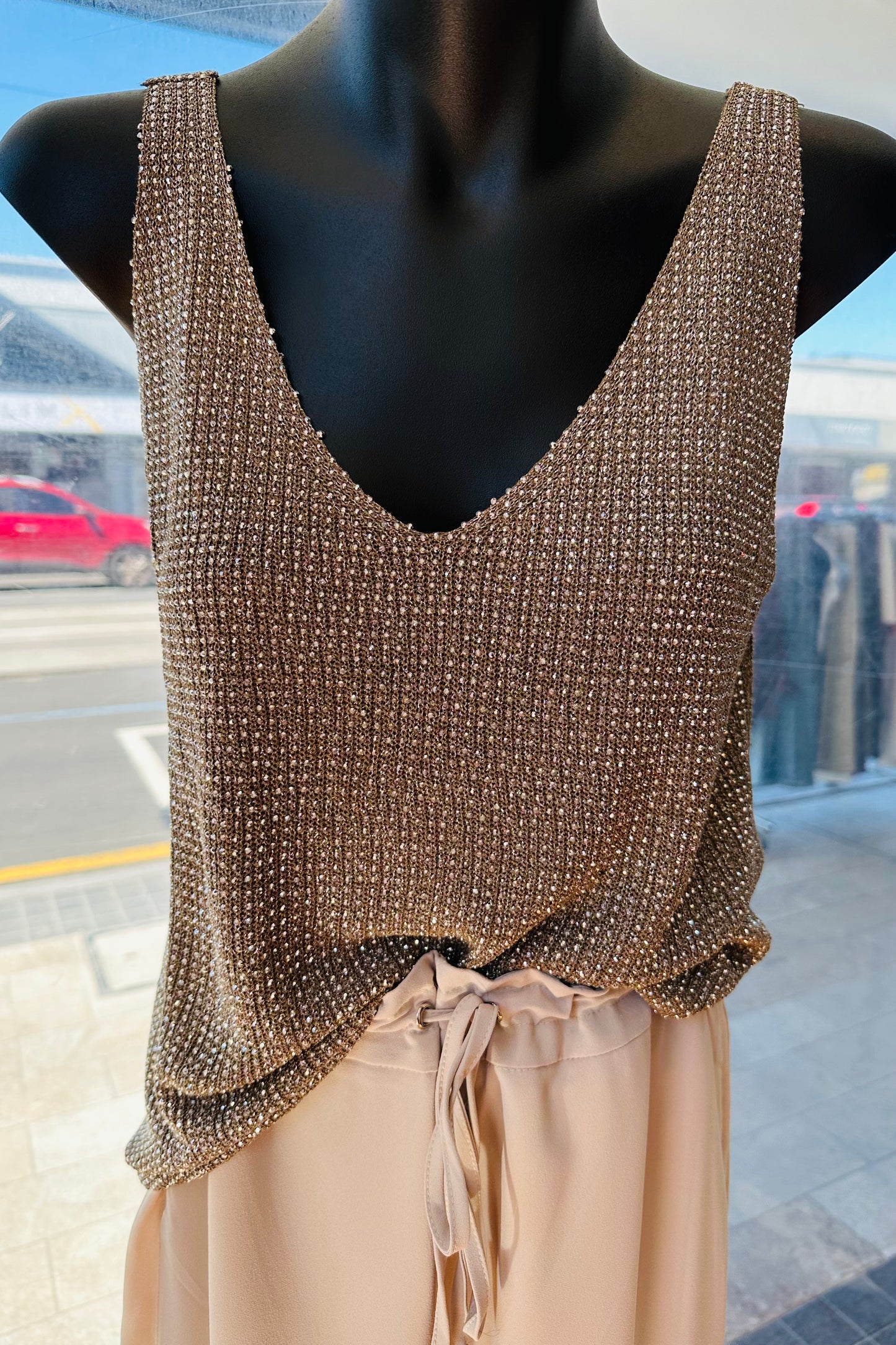 VALERIE SHIMMER TOP- Khaki & Black