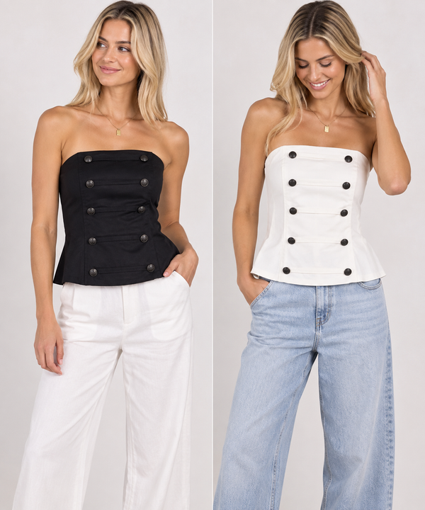 A side-by-side comparison of a strapless double-breasted corset top shown on two models. On the left, a blonde model wears a black corset top with white wide-leg pants.