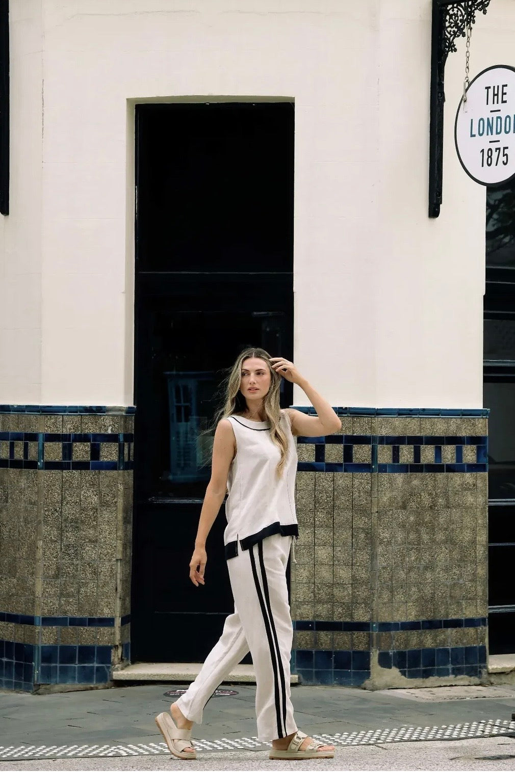 elastic waist wide leg pant set with side stripe linen