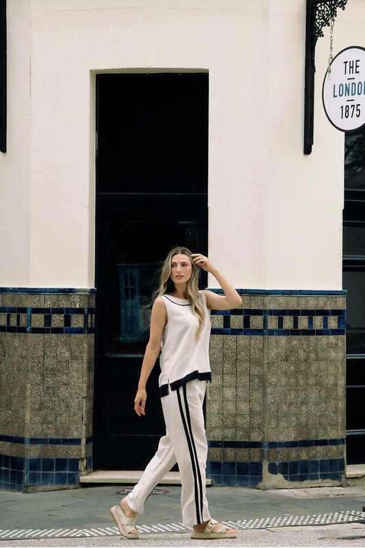 elastic waist wide leg pant set with side stripe linen