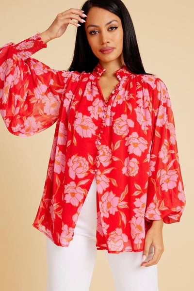 floral print chiffon balloon sleeve blouse