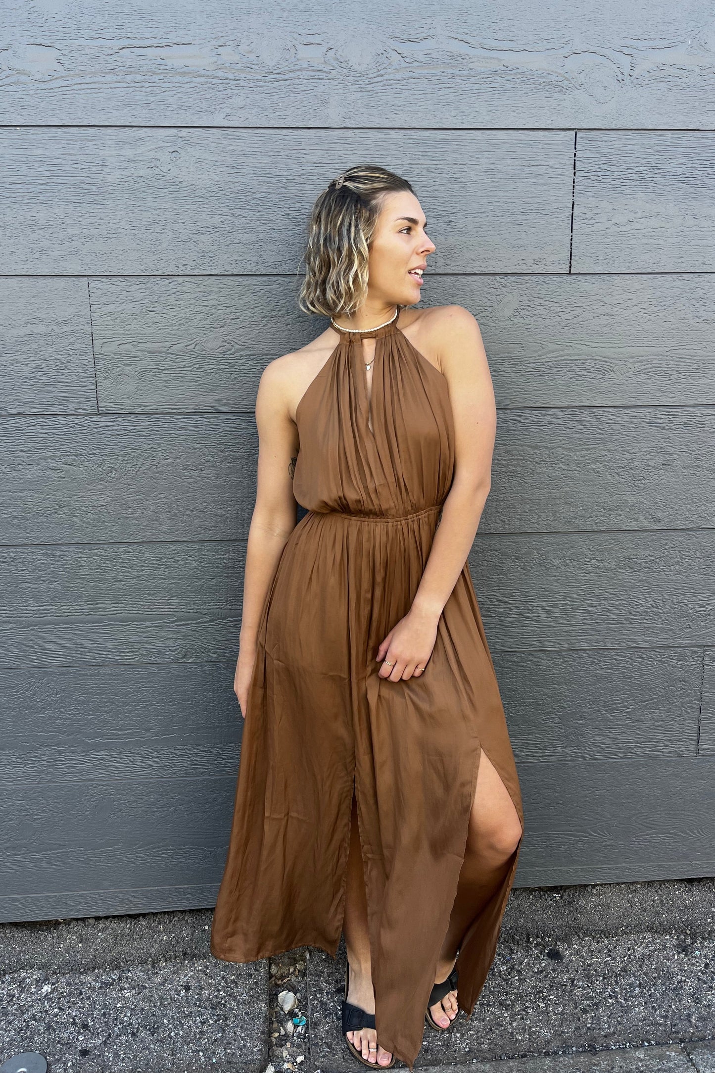 STATUS HALTER DRESS - Brown & Navy