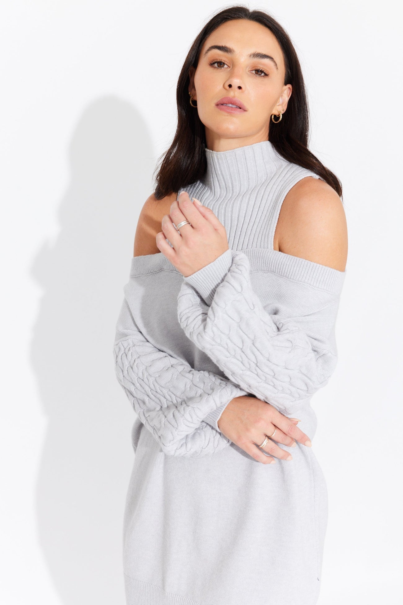 utout shoulder knit dress wool/cotton