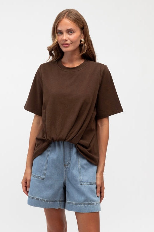 brown cotton box style tee with middle tuck by label of love