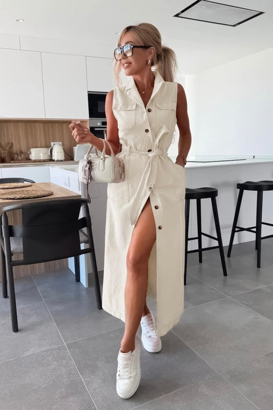 sleeveless button down denim dress with collar and pockets