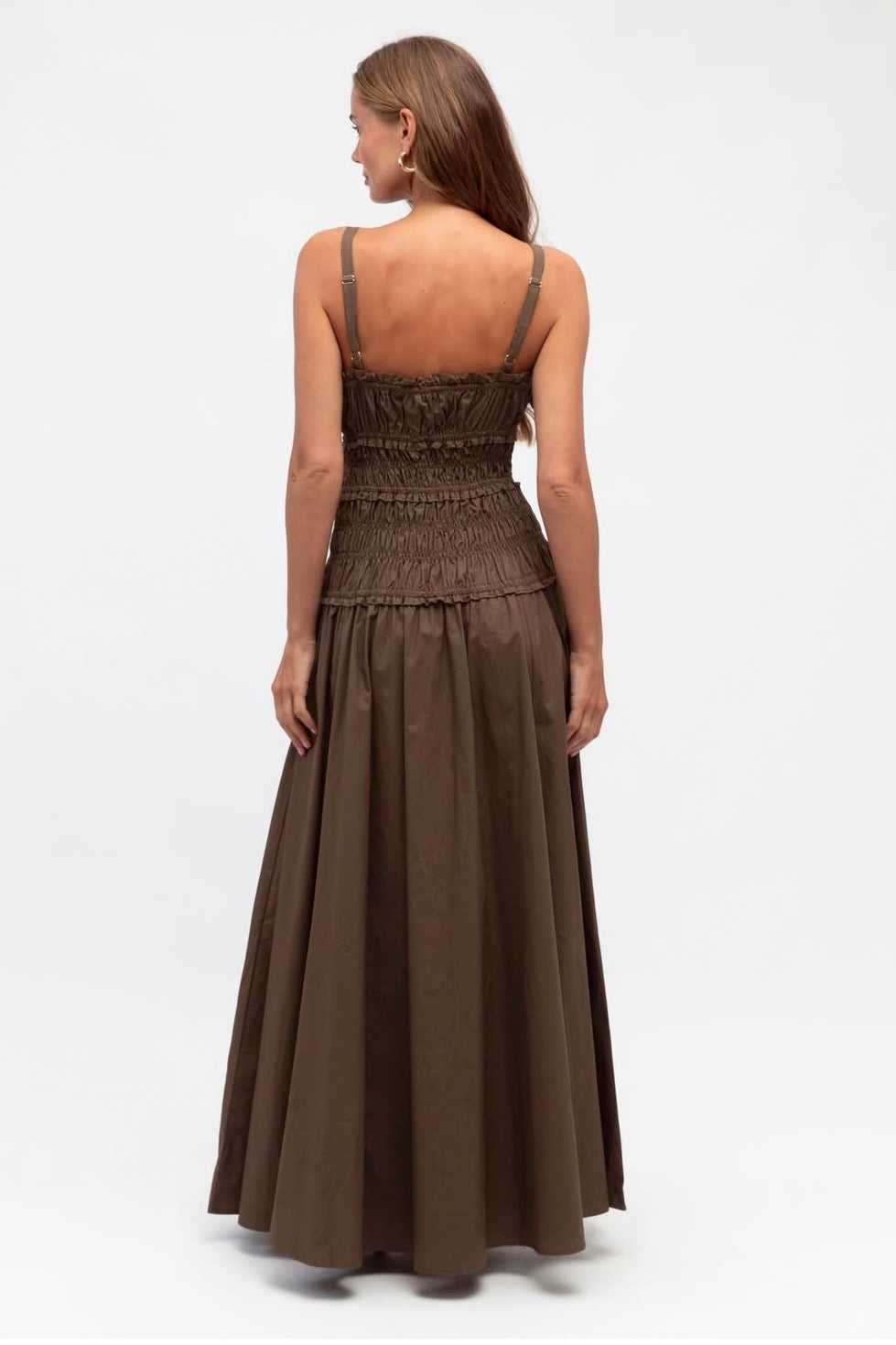 SHIRRED MAXI DRESS- Red & Brown