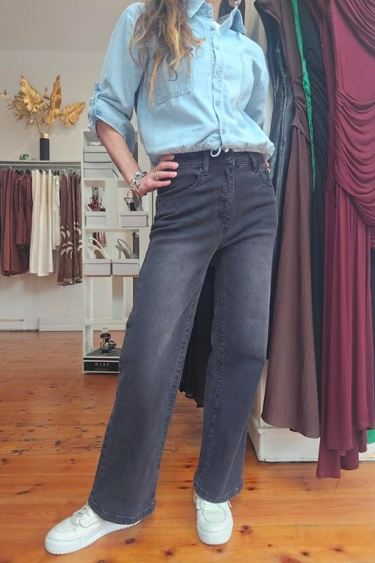 super stretchy charcoal straight leg jean