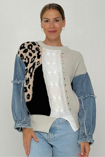 denim sleeve cable knit jumper