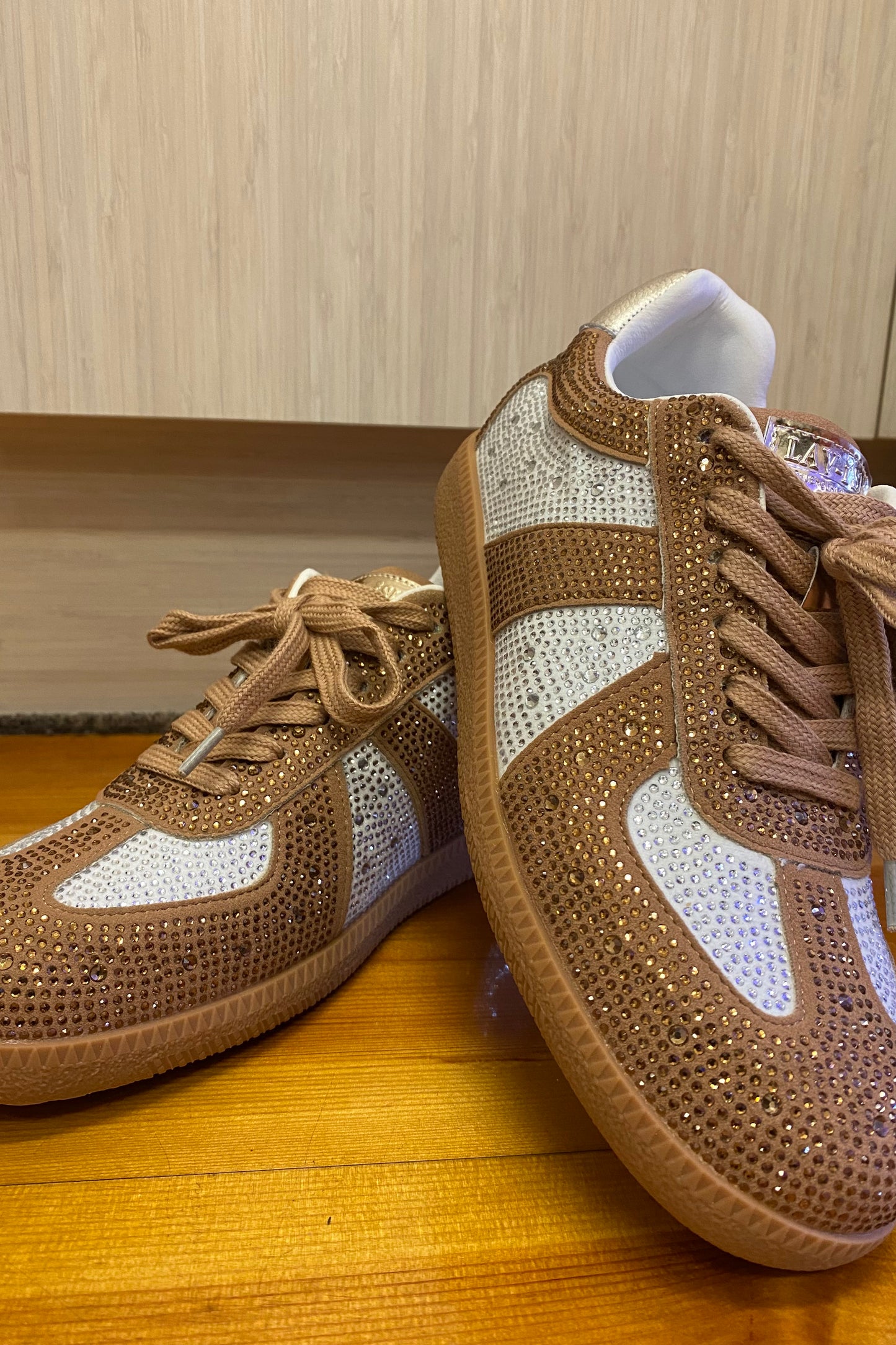 VELVET BLING SNEAKER- Tan & Black & Blue