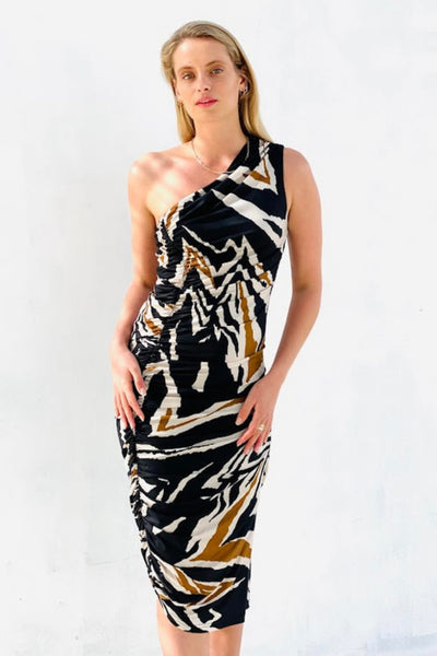 one shoulder stretch maxi printed dress
