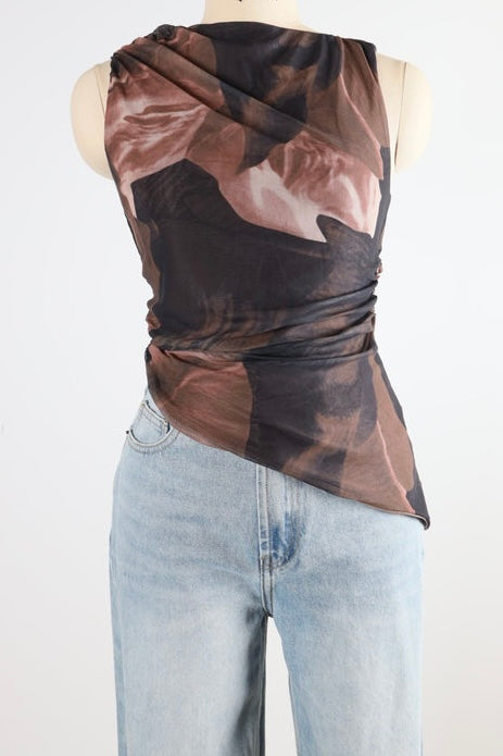 mesh floral asymmetrical top