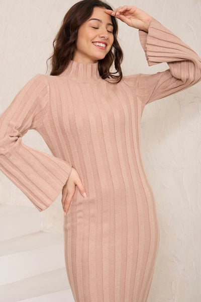 midi knit bell sleeve high neck dress