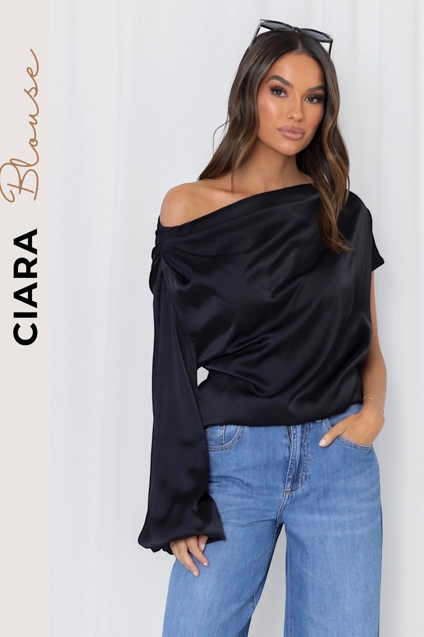 CIARA SATIN BLOUSE - Champangne & Black Pre order