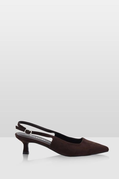 Chocolate microsuede kitten  slingback heels on a white background