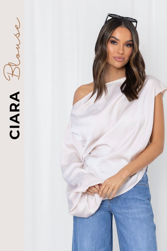 satin one shoulder  drapey top
