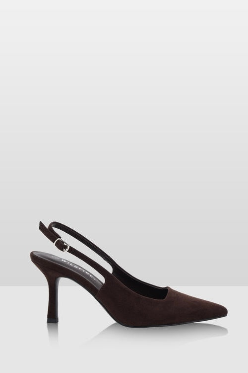 Brown high-heeled microsuede pointy shoe with slingback design 