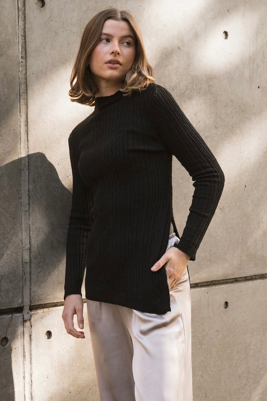 BOUCE' SIDE SPLIT KNIT -Stone & Black
