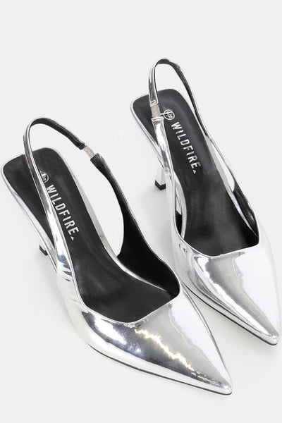 silver vegan freindly pointy sling back heel