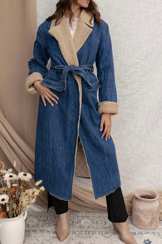 denim aux fur trench coat