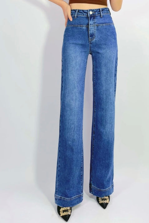High rise stretch denim wide leg jean