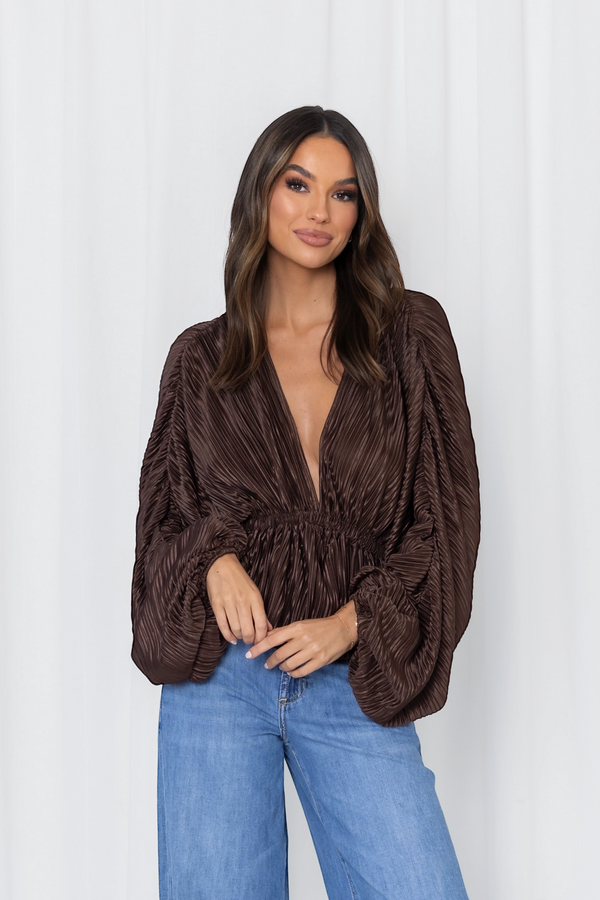 WILLA PLISSE BALLOON SLEEVE BLOUSE- Chocolate & Black Pre order