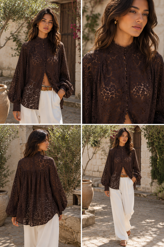 A four-panel collage showing a woman wearing a dark brown lace blouse with white wide-leg pants in an outdoor courtyard setting. The panels include a full-body front view, a close-up of the face and upper body, a back view, and a side/front walk view.