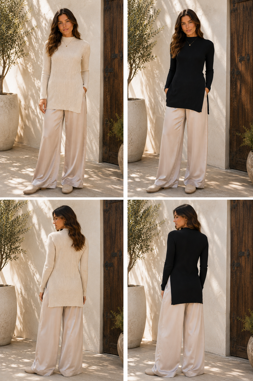 A four-panel collage showing a woman modeling the same outfit in two colorways: a cream/off-white set and a black set. Each panel shows her from the front and back standing in a sunlit outdoor patio setting with white walls, dark wood doors, and potted plants.