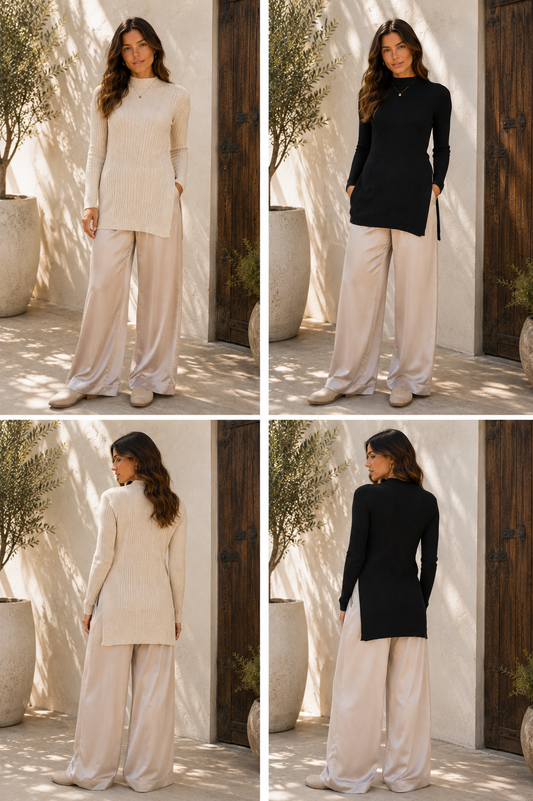 A four-panel collage showing a woman modeling the same outfit in two colorways: a cream/off-white set and a black set. Each panel shows her from the front and back standing in a sunlit outdoor patio setting with white walls, dark wood doors, and potted plants.