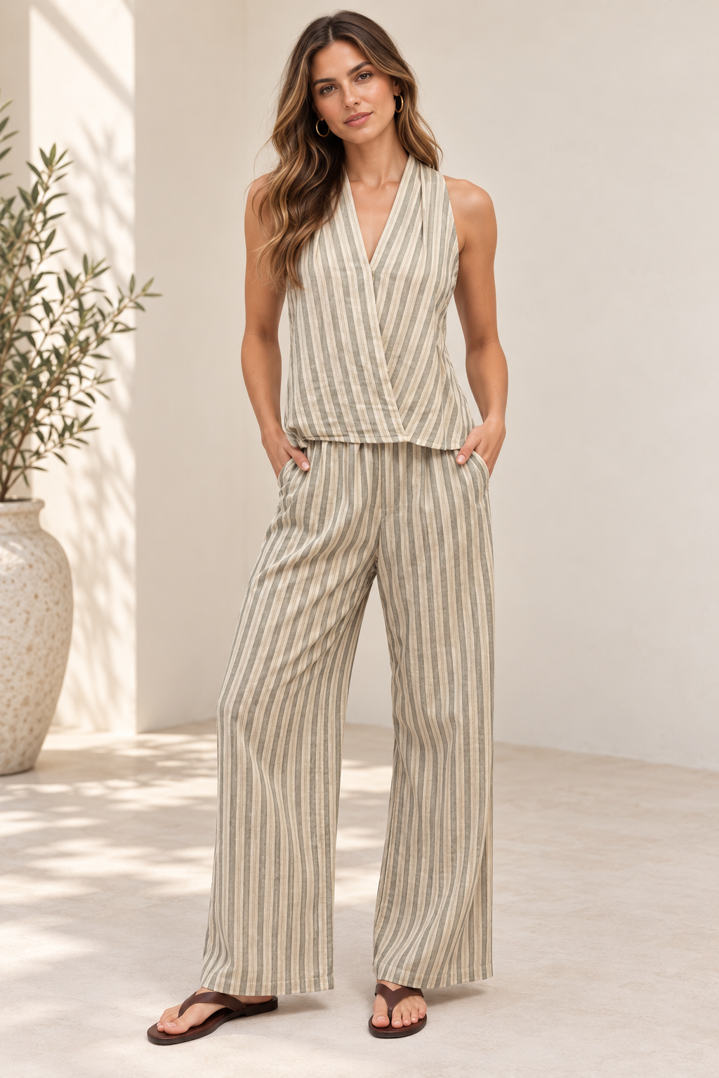 A woman modeling a sleeveless wrap-style top and matching wide-leg pants set with vertical beige and off-white stripes, standing in a bright indoor setting with a potted plant in the background.