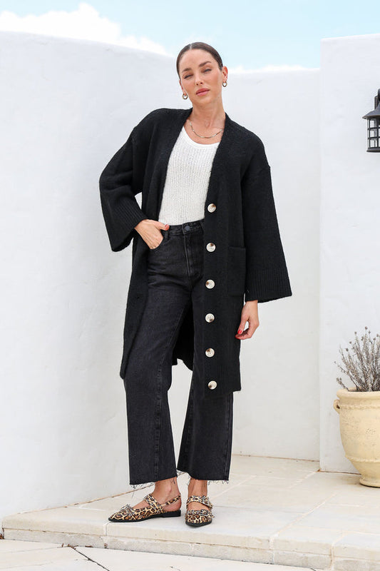 Black wool blend bell sleeve cardigan